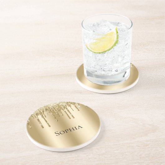 Glitzy Gold Sparkle Glitter Drips Zandsteen Onderzetter (Zijkant)