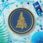Glitzy Gold Tree met Blue Background Holiday Papieren Bordje (Feest)