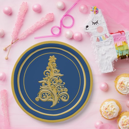 Glitzy Gold Tree met Blue Background Holiday Papieren Bordje (Feest)