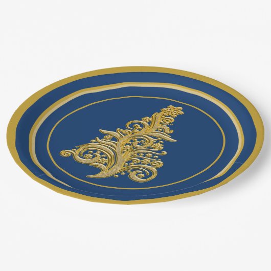 Glitzy Gold Tree met Blue Background Holiday Papieren Bordje (Gekanteld)