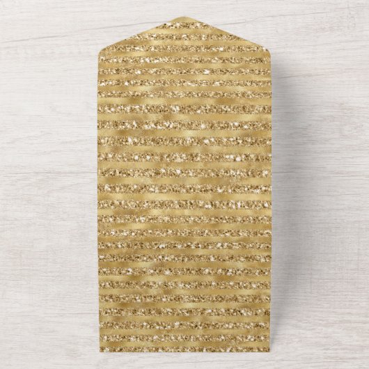 Glitzy Gold White Glam Glitter Sparkle Stripes   All In One Uitnodiging (Buitenkant)