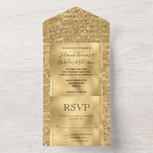 Glitzy Gold White Glam Glitter Sparkle Stripes All In One Uitnodiging (Binnen)