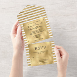 Glitzy Gold White Glam Glitter Stripes All In One Uitnodiging