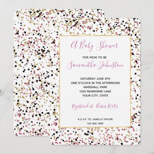 Glitzy Goud Roze Zwart Confetti Stippen Baby showe Kaart (Voorkant / Achterkant)