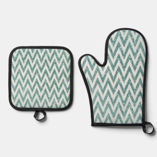 Glitzy Green White Chevron Stripes Kerstmis Ovenwant & Pannenlap Set (Voorkant)