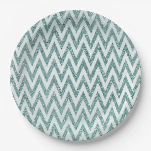 Glitzy Green White Chevron Stripes Kerstmis Papieren Bordje
