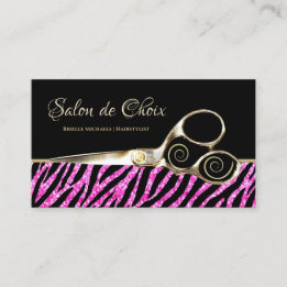 Glitzy Hot Pink Zebra Print Gouden Schaar Salon Visitekaartje