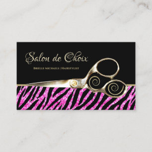 Glitzy Hot Pink Zebra Print Gouden Schaar Salon Visitekaartje