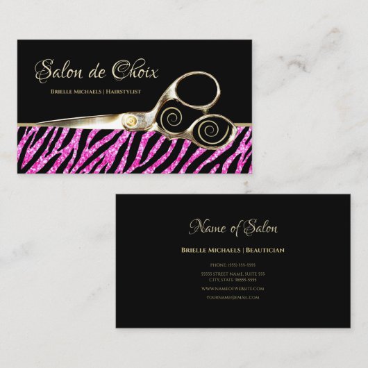 Glitzy Hot Pink Zebra Print Gouden Schaar Salon Visitekaartje (Voorkant / Achterkant)