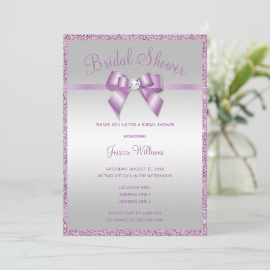 Glitzy Lila Sequins & Gem Bow Vrijgezellenfeest Kaart (Staand voorkant)