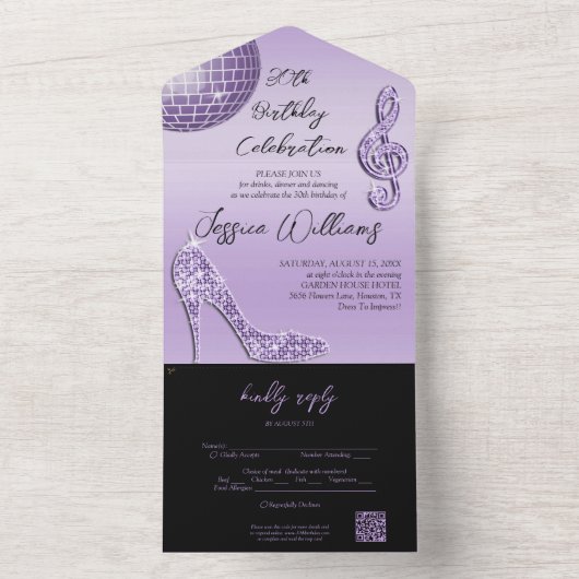 Glitzy Lila & Zwart 30ste verjaardag QR Code All In One Uitnodiging (Binnen)