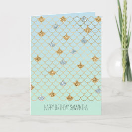 Glitzy Mermaid Blue Green Gold Gliter Kaart