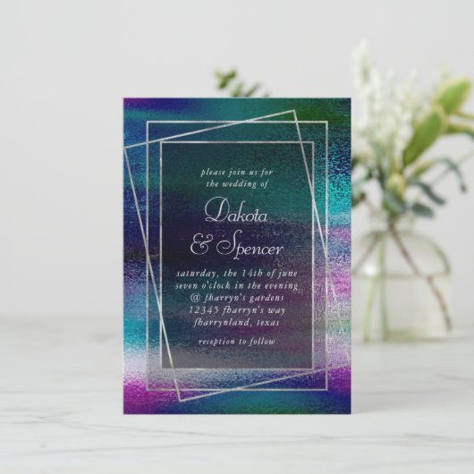 Glitzy Minimalisme| Iridescent Holographic Wedding Kaart (Staand voorkant)