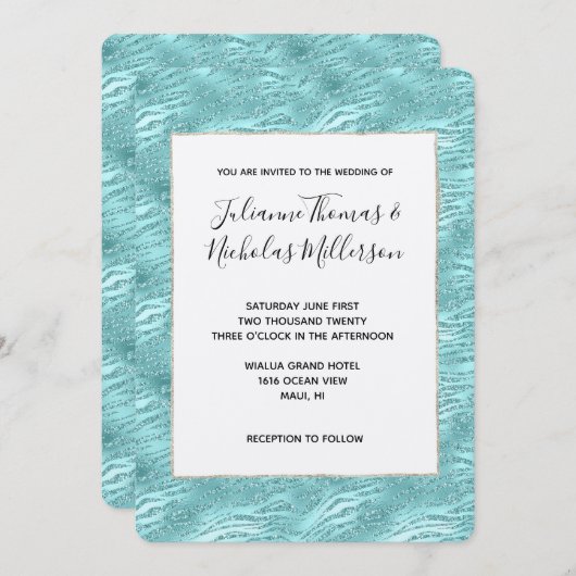 Glitzy Mint Zebra Print Bruiloft Kaart (Voorkant / Achterkant)
