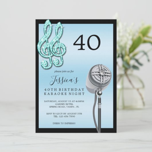 Glitzy Music Note & Microfoon Karaoke Verjaardag I Kaart (Staand voorkant)