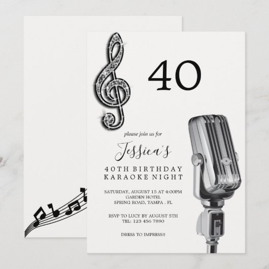 Glitzy Music Note & Microfoon Karaoke Verjaardag Kaart (Voorkant / Achterkant)