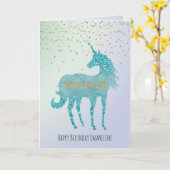 Glitzy Paars Aqua Sparkle Unicorn Name Kaart (Gele Bloem)