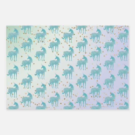 Glitzy Paarse Aqua Gold Sparkle Eenhoorn Inpakpapier Vel (Voorkant)
