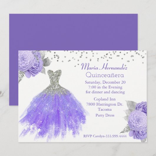 Glitzy Paarse en Zilveren Gown Quinceañera Kaart (Voorkant / Achterkant)