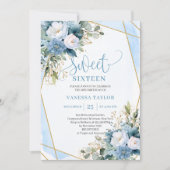 Glitzy Pastel Blue White Gold Flowers Sweet 16  Kaart (Voorkant)
