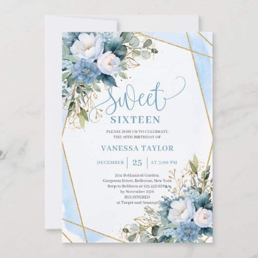 Glitzy Pastel Blue White Gold Flowers Sweet 16  Kaart (Voorkant)