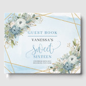 Glitzy Pastel Blue White Gold Flowers Sweet 16th Gastenboek (Voorkant)