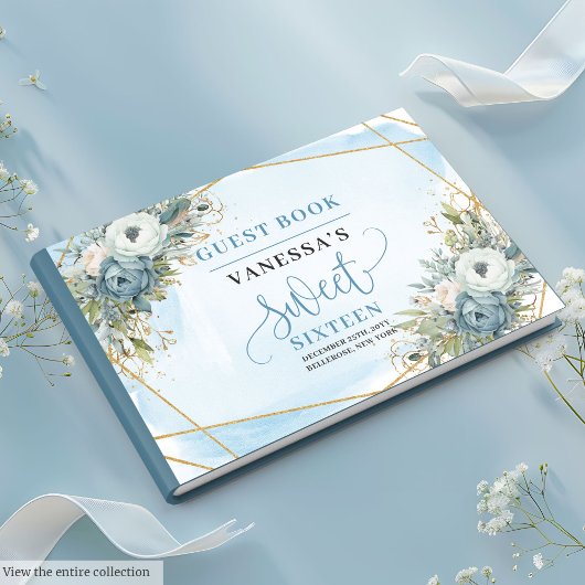 Glitzy Pastel Blue White Gold Flowers Sweet 16th Gastenboek
