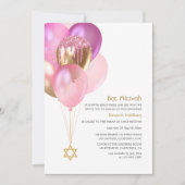 Glitzy Pink and Gold Balloons Bat Mitzvah Kaart (Voorkant)