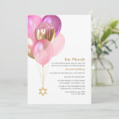 Glitzy Pink and Gold Balloons Bat Mitzvah Kaart (Staand voorkant)
