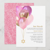 Glitzy Pink and Gold Balloons Bat Mitzvah Kaart (Voorkant / Achterkant)