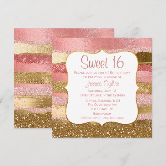 Glitzy Pink and Gold Sweet 16 Birthday Uitnodiging (Voorkant / Achterkant)