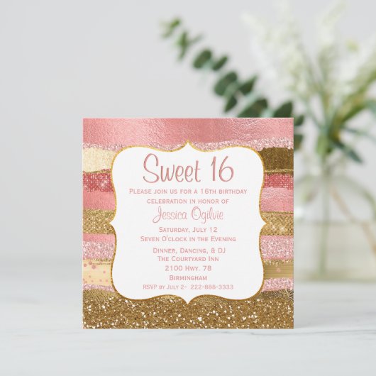 Glitzy Pink and Gold Sweet 16 Birthday Uitnodiging (Staand voorkant)