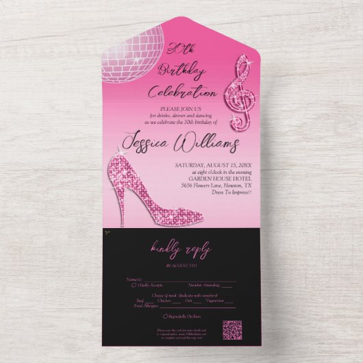 Glitzy Pink & Black 30e verjaardag QR-code All In One Uitnodiging (Binnen)
