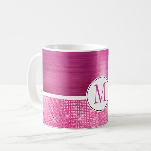 Glitzy Pink Glam-sprankelmonogram Koffiemok (Voorkant links)