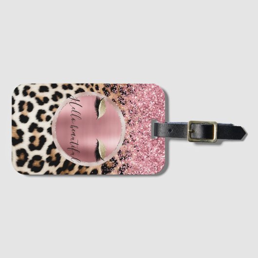 Glitzy Pink Glitter Gouden Wimpers Luipaard Bagagelabel (Voorkant (horizontaal))