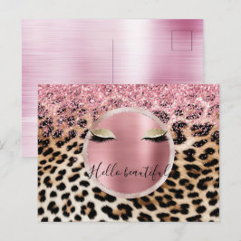 Glitzy Pink Glitter Gouden Wimpers Luipaard Briefkaart
