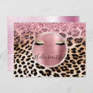 Glitzy Pink Glitter Gouden Wimpers Luipaard Briefkaart