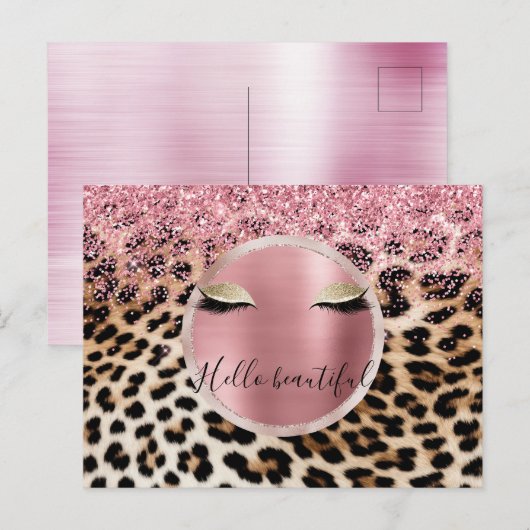 Glitzy Pink Glitter Gouden Wimpers Luipaard Briefkaart (Voorkant / Achterkant)