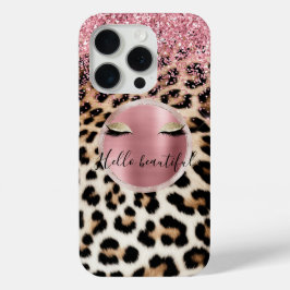 Glitzy Pink Glitter Gouden Wimpers Luipaard iPhone 15 Pro Case