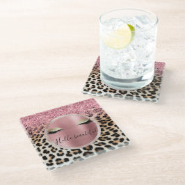 Glitzy Pink Glitter Gouden Wimpers Luipaard Glazen Onderzetter