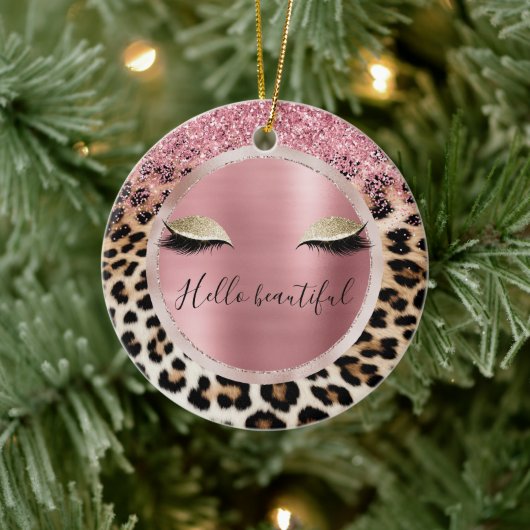 Glitzy Pink Glitter Gouden Wimpers Luipaard Keramisch Ornament (Boom)