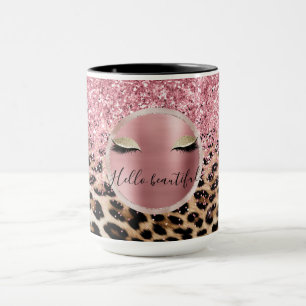Glitzy Pink Glitter Gouden Wimpers Luipaard Mok