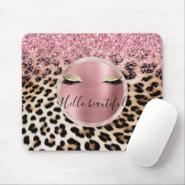 Glitzy Pink Glitter Gouden Wimpers Luipaard Muismat