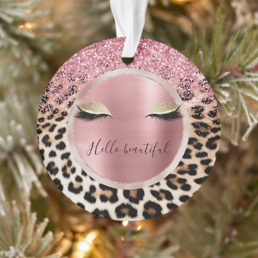 Glitzy Pink Glitter Gouden Wimpers Luipaard Ornament (Boom)