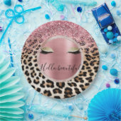 Glitzy Pink Glitter Gouden Wimpers Luipaard Papieren Bordje (Feest)