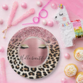 Glitzy Pink Glitter Gouden Wimpers Luipaard Papieren Bordje (Feest)