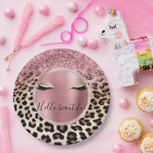 Glitzy Pink Glitter Gouden Wimpers Luipaard Papieren Bordje (Feest)