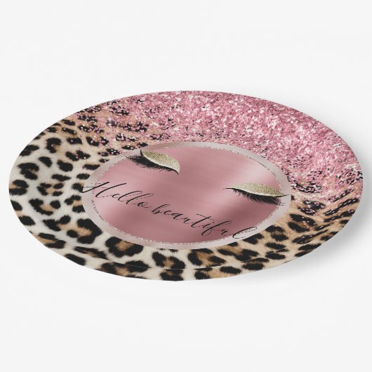 Glitzy Pink Glitter Gouden Wimpers Luipaard Papieren Bordje (Gekanteld)