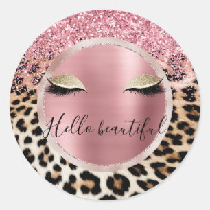 Glitzy Pink Glitter Gouden Wimpers Luipaard Ronde Sticker