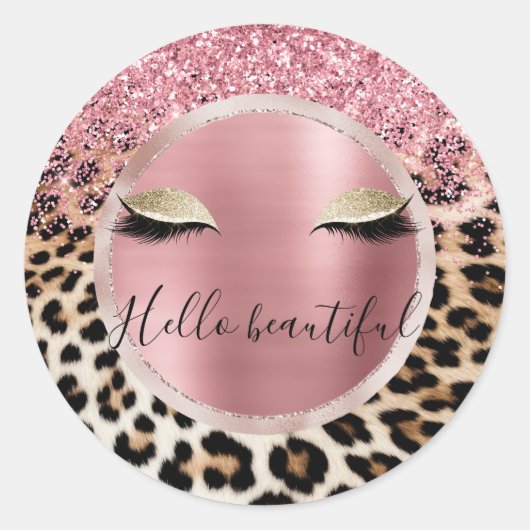 Glitzy Pink Glitter Gouden Wimpers Luipaard Ronde Sticker (Voorkant)